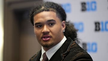 Jul 23, 2025; Las Vegas, NV, USA; Oregon defensive end Matayo Uiagalelei speaks to the media during the Big Ten NCAA college football media days at Mandalay Bay Resort. Mandatory Credit: Lucas Peltier-Imagn Images