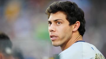 Jul 2, 2024; Denver, Colorado, USA; Milwaukee Brewers outfielder Christian Yelich (22) during the sixth inning against the Colorado Rockies at Coors Field. Mandatory Credit: Ron Chenoy-USA TODAY Sports