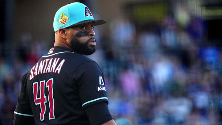 Diamondbacks first baseman Carlos Santana (41) looks to the outfield during a spring training game against the Brewers at Salt River Fields on March 20, 2026.