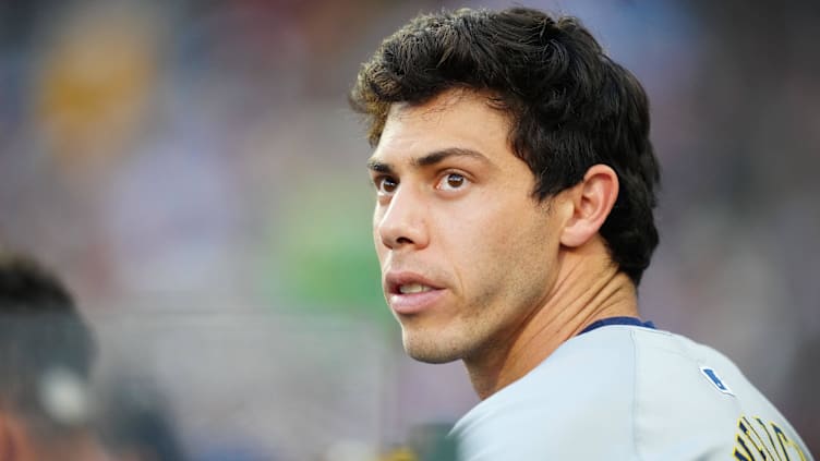 Jul 2, 2024; Denver, Colorado, USA; Milwaukee Brewers outfielder Christian Yelich (22) during the sixth inning against the Colorado Rockies at Coors Field. Mandatory Credit: Ron Chenoy-USA TODAY Sports