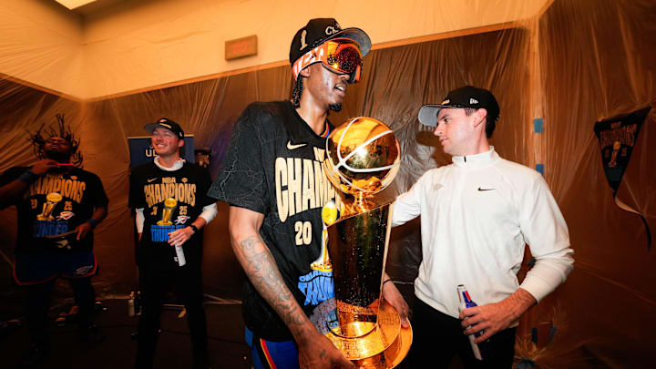 Oklahoma City Thunder forward Jalen Williams celebrates after winning the 2025 NBA Finals against the Indiana Pacers