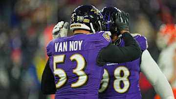 Jan 4, 2025; Baltimore, Maryland, USA; Baltimore Ravens linebacker Kyle Van Noy (53) and Baltimore Ravens defensive tackle Travis Jones (98) react after a play during the second quarter against the Cleveland Browns at M&T Bank Stadium. Mandatory Credit: Mitch Stringer-Imagn Images