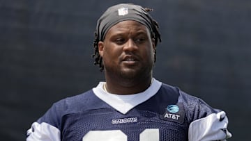 Jul 27, 2022; Oxnard, CA, USA; Dallas Cowboys defensive tackle Carlos Watkins (91) during training camp at the River Ridge Fields. Mandatory Credit: Kirby Lee-Imagn Images