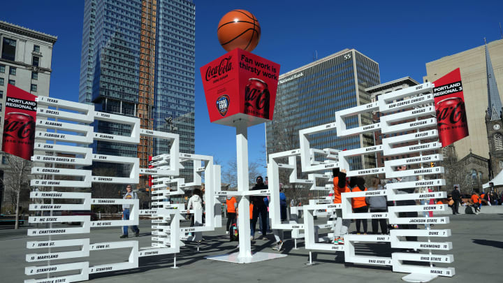 Apr 7, 2024; Cleveland, OH, USA: The 2024 NCAA Tournament Women's March Madness basketball tournament playoff bracket at Public Square.  Mandatory Credit: Kirby Lee-USA TODAY Sports