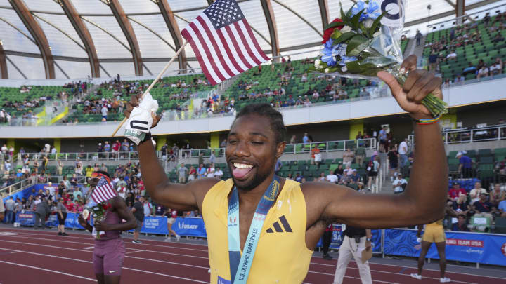 Noah Lyles poses after winning the 200m in a meet record 19.53 during the US Olympic Team Trials at Hayward Field.