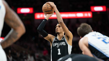 Jan 31, 2024; San Antonio, Texas, USA; San Antonio Spurs center Victor Wembanyama (1) shoots a free throw in the first half against the Orlando Magic at Frost Bank Center. 