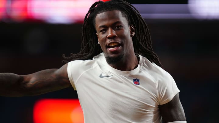 Dec 18, 2022; Denver, Colorado, USA; Denver Broncos wide receiver Jerry Jeudy (10) following the win over the Arizona Cardinals at Empower Field at Mile High. Mandatory Credit: Ron Chenoy-USA TODAY Sports