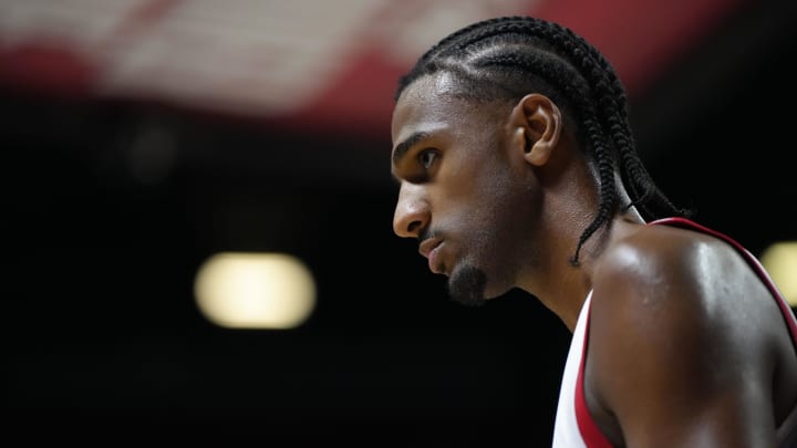 Jul 12, 2024; Las Vegas, NV, USA;  Washington Wizards center Alex Sarr (12) competes against the Atlanta Hawks during the second half at Thomas & Mack Center. Mandatory Credit: Lucas Peltier-USA TODAY Sports