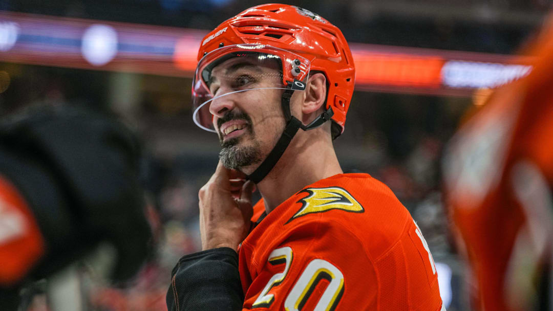 Nov 22, 2025; Anaheim, California, USA;  Anaheim Ducks left wing Chris Kreider (20) warms up before the game against the Vegas Golden Knights at Honda Center. Mandatory Credit: Corinne Votaw-Imagn Images