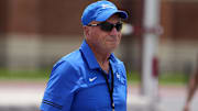 May 28, 2021; College Station, Texas, USA; Air Force jumps coach Bob Graf watches the high jump during the NCAA West Preliminary at E.B. Cushing Stadium. Mandatory Credit: Kirby Lee-Imagn Images