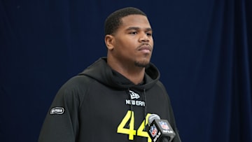 Feb 27, 2025; Indianapolis, IN, USA; Penn State defensive lineman Abdul Carter (DL44) during the 2025 NFL Scouting Combine at the Indiana Convention Center. Mandatory Credit: Kirby Lee-Imagn Images