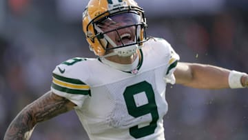 Green Bay Packers wide receiver Christian Watson (9) reacts after making a 48-yard reception during the fourth quarter of their game Sunday, November 17, 2024 at Solider Field in Chicago, Illinois. The Green Bay Packers beat the Chicago Bears 20-19.