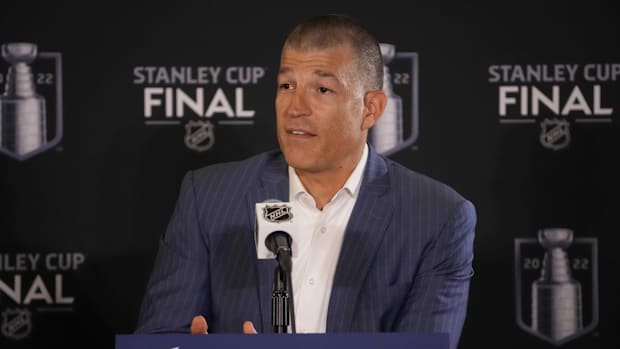 Tampa Bay Lightning general manager Julien Brisebois speaks t media before the 2022 Stanley Cup Final.