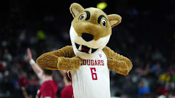 Mar 14, 2024; Las Vegas, NV, USA; Washington State Cougars mascot Butch during the game against the Stanford Cardinal at T-Mobile Arena. Mandatory Credit: Kirby Lee-Imagn Images
