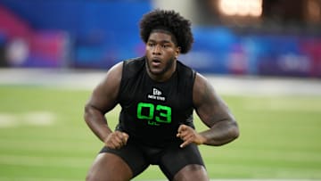 Mar 2, 2025; Indianapolis, IN, USA; Alabama offensive lineman Tyler Booker (OL03) during the 2025 NFL Scouting Combine at Lucas Oil Stadium. Mandatory Credit: Kirby Lee-Imagn Images