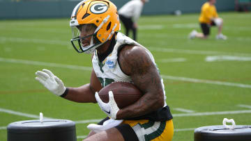Green Bay Packers running back AJ Dillon (28) is shown during the team’s mini camp Tuesday, June 11, 2024 in Green Bay, Wisconsin.