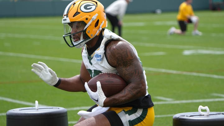 Green Bay Packers running back AJ Dillon (28) is shown during the team’s mini camp Tuesday, June 11, 2024 in Green Bay, Wisconsin.