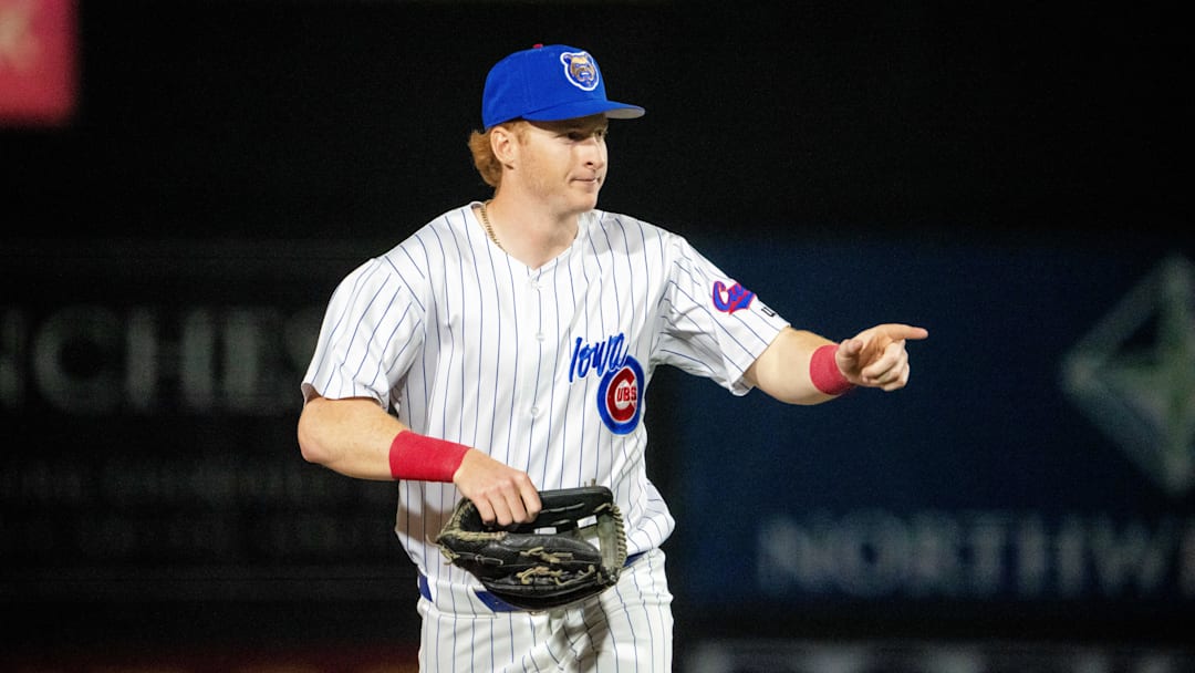 Iowa Cubs' Owen Caissie (17) makes his way to the dugout on Friday, March 28, 2025, at Principal Park in Des Moines.