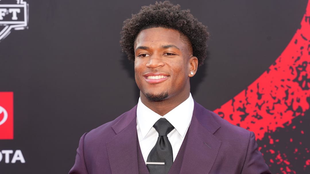 Ohio State Buckeyes defensive back Caleb Downs poses on the red carpet before the 2026 NFL Draft.
