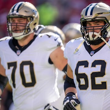August 18, 2024; Santa Clara, California, USA; New Orleans Saints guard Lucas Patrick (62) before the game against the San Francisco 49ers at Levi's Stadium. Mandatory Credit: Kyle Terada-Imagn Images