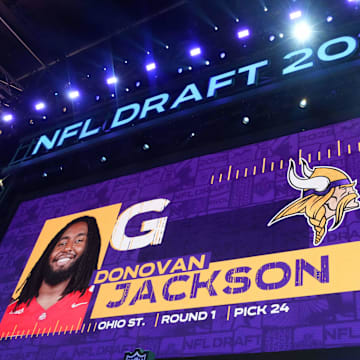 Ohio State guard Donovan Jackson is selected as the No. 24 pick by the Minnesota Vikings during the NFL draft at Lambeau Field in Green Bay, Wis., on April 24, 2025. 