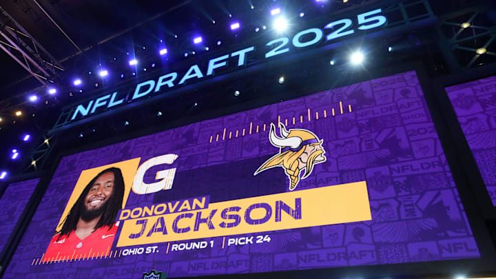 Ohio State guard Donovan Jackson is selected as the No. 24 pick by the Minnesota Vikings during the NFL draft at Lambeau Field in Green Bay, Wis., on April 24, 2025. Ohio State guard Donovan Jackson is selected as the No. 24 pick by the Minnesota Vikings during the NFL draft at Lambeau Field in Green Bay, Wis., on April 24, 2025.