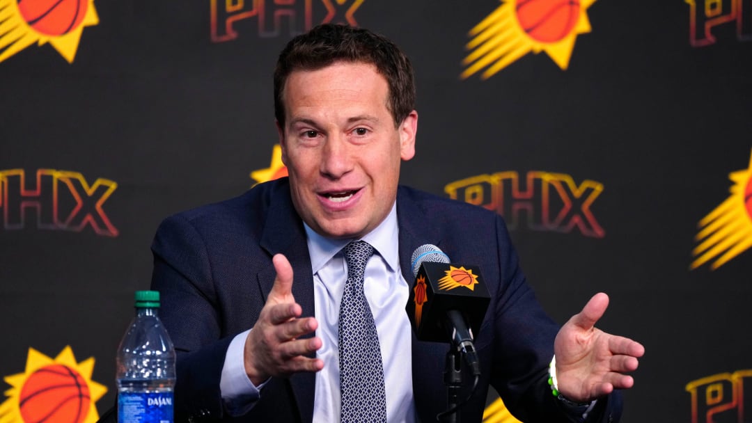Suns owner Mat Ishbia speaks with the press during a news conference at Footprint Center in Phoenix on May 1, 2024.