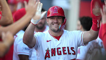 Jun 28, 2023; Anaheim, California, USA; Los Angeles Angels center fielder Mike Trout (27) celebrates