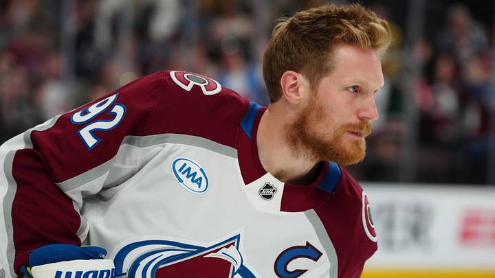 May 24, 2026; Las Vegas, Nevada, USA; Colorado Avalanche left wing Gabriel Landeskog (92) warms up before a game against the Vegas Golden Knights in game three of the Western Conference Final of the 2026 Stanley Cup Playoffs at T-Mobile Arena. Mandatory Credit: Stephen R. Sylvanie-Imagn Images