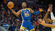 Dec 6, 2024; San Francisco, California, USA; Golden State Warriors forward Jonathan Kuminga (00) passes the basketball against the Minnesota Timberwolves during the fourth quarter at Chase Center. Mandatory Credit: Neville E. Guard-Imagn Images