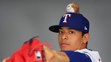 Feb 20, 2024; Surprise, AZ, USA; Texas Rangers pitcher Gerardo Carrillo poses for a photo during Media Day at Surprise Stadium. Mandatory Credit: Joe Camporeale-Imagn Images