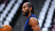 LA Clippers forward Kawhi Leonard (2) before a game against the Denver Nuggets at Ball Arena.
