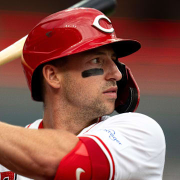 Cincinnati Reds left fielder Spencer Steer (7) prepares to bat while waiting on deck in the second inning of the MLB game between the Cincinnati Reds and Oakland Athletics at Great American Ball Park in Cincinnati on Wednesday, Aug. 28, 2024.