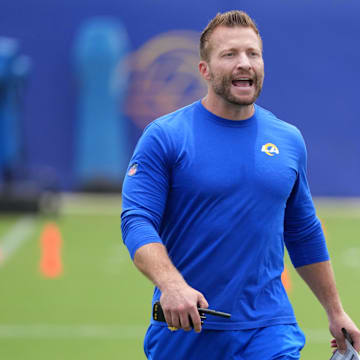 May 28, 2025; Woodland Hills, CA, USA; Los Angeles Rams coach Sean McVay reacts during organized team activities at Rams Practice Facility. Mandatory Credit: Kirby Lee-Imagn Images