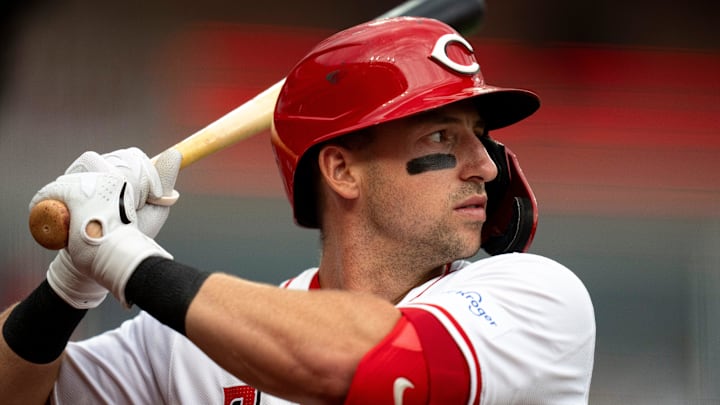 Cincinnati Reds left fielder Spencer Steer (7) prepares to bat while waiting on deck in the second inning of the MLB game between the Cincinnati Reds and Oakland Athletics at Great American Ball Park in Cincinnati on Wednesday, Aug. 28, 2024.