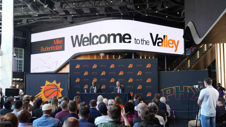 May 17, 2024; Phoenix, AZ, USA; Mike Budenholzer speaks alongside General Manager James Jones during a press conference to announce his job as head coach of the Phoenix Suns. Mandatory Credit: Joe Camporeale-USA TODAY Sports