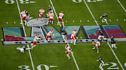 Kansas City Chiefs quarterback Patrick Mahomes (15) escapes from Philadelphia Eagles linebacker Haason Reddick (7) during the first quarter in Super Bowl LVII at State Farm Stadium in Glendale on Feb. 12, 2023.

Nfl Super Bowl Lvii Kansas City Chiefs Vs Philadelphia Eagles