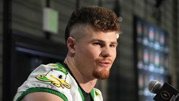 Dec 30, 2024; Los Angeles, CA, USA; Oregon Ducks linebacker Bryce Boettcher (28) during Rose Bowl media day at Sheraton Grand LA. 