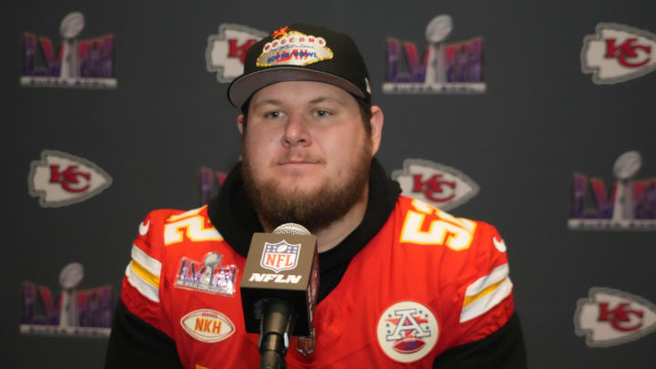 Feb 6, 2024; Las Vegas, NV, USA; Kansas City Chiefs center Creed Humphrey (52) during a press conference before Super Bowl LVIII at Westin Lake Las Vegas Resort and Spa. Mandatory Credit: Kirby Lee-USA TODAY Sports