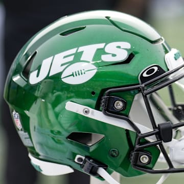 Aug 12, 2023; Charlotte, North Carolina, USA; New York Jets helmet during the second quarter against the Carolina Panthers at Bank of America Stadium. Mandatory Credit: Jim Dedmon-Imagn Images