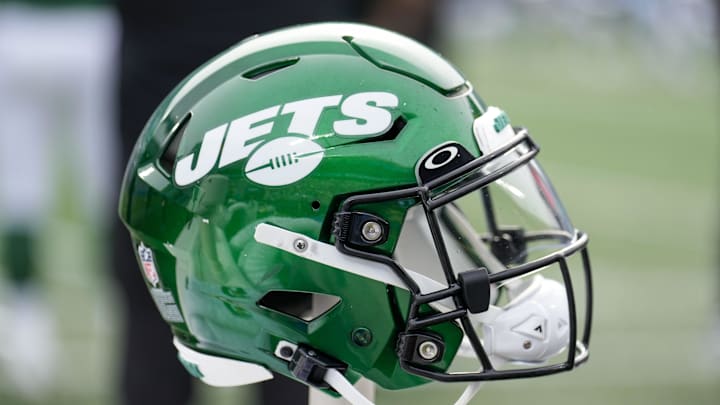 Aug 12, 2023; Charlotte, North Carolina, USA; New York Jets helmet during the second quarter against the Carolina Panthers at Bank of America Stadium. Mandatory Credit: Jim Dedmon-Imagn Images