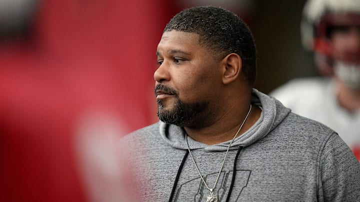 Wisconsin defensive line coach E.J. Whitlow is shown during spring football practice Thursday, April 25, 2024 in Madison, Wisconsin.
