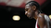 Jul 12, 2024; Las Vegas, NV, USA;  Washington Wizards center Alex Sarr (12) competes against the Atlanta Hawks during the second half at Thomas & Mack Center. Mandatory Credit: Lucas Peltier-USA TODAY Sports