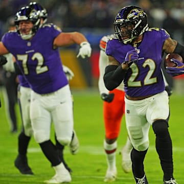 Baltimore Ravens running back Derrick Henry runs for a touchdown during the fourth quarter against the Cleveland Browns.