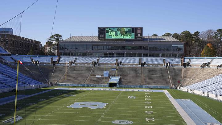 Dec 12, 2024; Chapel Hill, NC, USA;  Monitors with signage in Kenan Stadium announcing the hiring of North Carolina Tar Heels new head coach Bill Belichick at Loudermilk Center for Excellence. Mandatory Credit: Jim Dedmon-Imagn Images