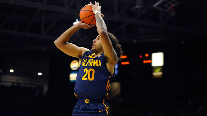 Feb 28, 2024; Boulder, Colorado, USA; California Golden Bears guard Jaylon Tyson (20) lines up a three point attempt in the first half against the Colorado Buffaloes at the CU Events Center.