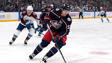 Blue Jackets winger Yegor Chinakhov tries to make a play with the puck. 