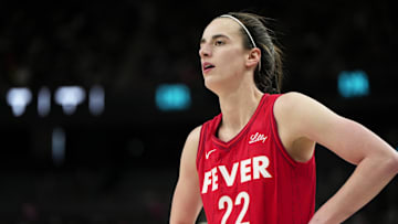 Jun 22, 2025; Las Vegas, Nevada, USA; Indiana Fever guard Caitlin Clark (22) during the second half of a WNBA basketball game against the Las Vegas Aces at T-Mobile Arena. Mandatory Credit: Lucas Peltier-Imagn Images
