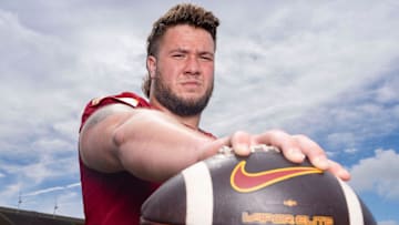 Iowa State offensive lineman Dylan Barrett stands for a portrait during Iowa State football media day at Jack Trice Stadium on July 25, 2025, in Ames.