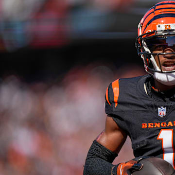 Cincinnati Bengals wide receiver Ja'Marr Chase (1) runs in a touchdown reception late in the second quarter of the NFL Week 5 game between the Cincinnati Bengals and Baltimore Ravens at Paycor Stadium in downtown Cincinnati on Sunday, Oct. 6, 2024. The Bengals led 17-14 at halftime.